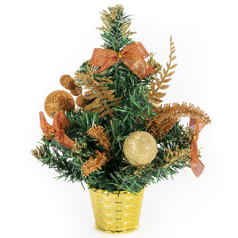 Ель искусственная декоративная 30 см, украшения медно-золотистые