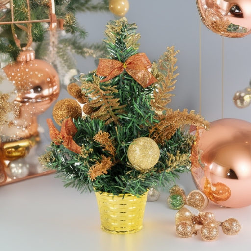 Ель искусственная декоративная 30 см, украшения медно-золотистые
