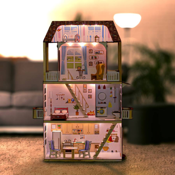 Кукольный домик деревянный трехэтажный Виолетта с подсветкой M-WOOD