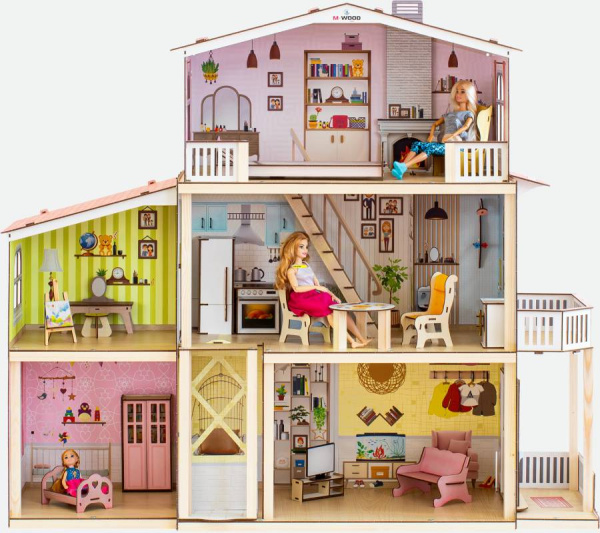 Кукольный домик деревянный трехэтажный Астерия с подсветкой M-WOOD