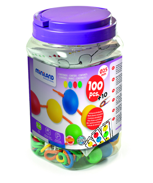 Набор обучающий со шнуровкой шарики Lacing Balls (100 элементов, 25 мм) в контейнере Miniland