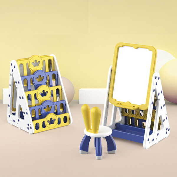 Мольберт-стеллаж со стульчиком желтый/синий