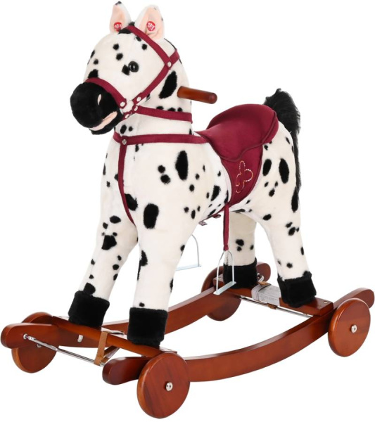 Лошадка-качалка c колесами белая с черными пятнами, со звуком Pituso
