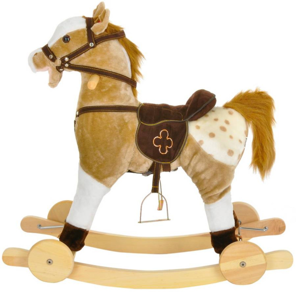 Лошадка-качалка c колесами серо-бежевая с белым, со звуком Pituso