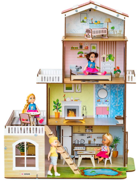Кукольный домик деревянный четырехэтажный Коттедж с двориком M-WOOD