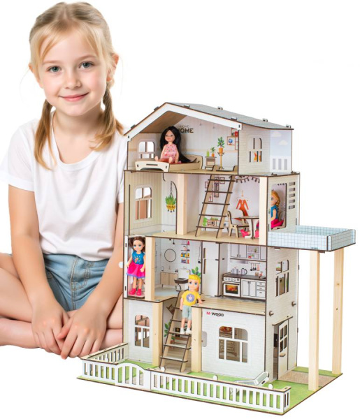 Кукольный домик деревянный четырехэтажный Деревенское подворье с подсветкой M-WOOD