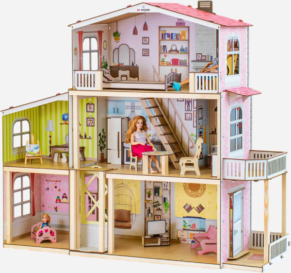 Кукольный домик деревянный трехэтажный Астерия с подсветкой M-WOOD