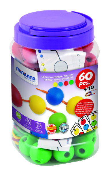 Набор обучающий со шнуровкой шарики Lacing Balls (60 элементов, 35 мм) в контейнере Miniland