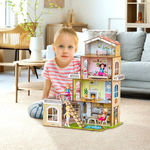 Кукольный домик деревянный четырехэтажный Коттедж с двориком M-WOOD