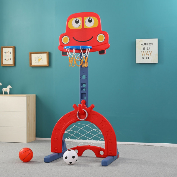 Стойка баскетбольная Машинка с кольцебросом и футбольными воротами красная