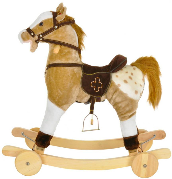 Лошадка-качалка c колесами серо-бежевая с белым, со звуком Pituso