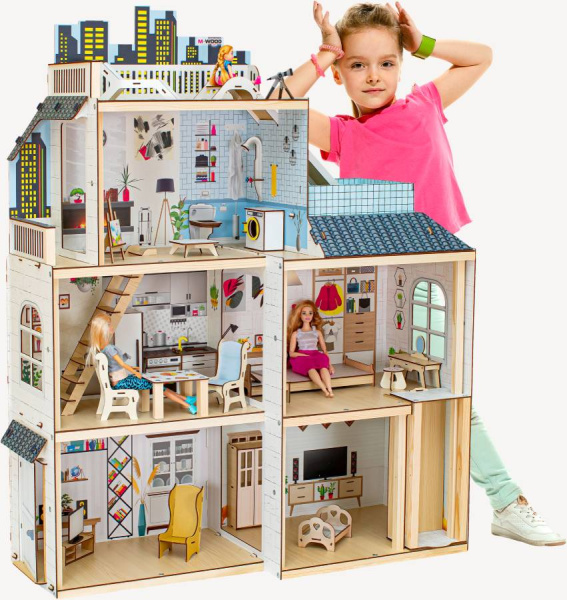 Кукольный домик деревянный трехэтажный Стильный лофт с подсветкой M-WOOD