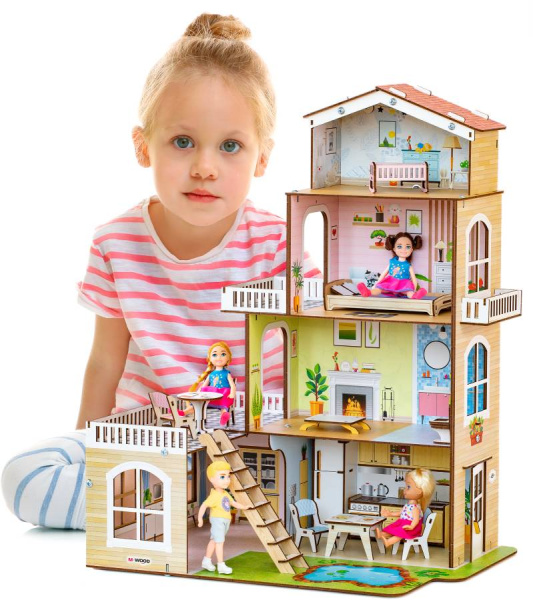 Кукольный домик деревянный четырехэтажный Коттедж с двориком M-WOOD