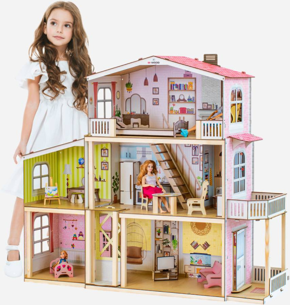 Кукольный домик деревянный трехэтажный Астерия с подсветкой M-WOOD