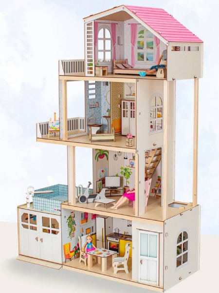 Кукольный домик деревянный трехэтажный Диона с подсветкой M-WOOD