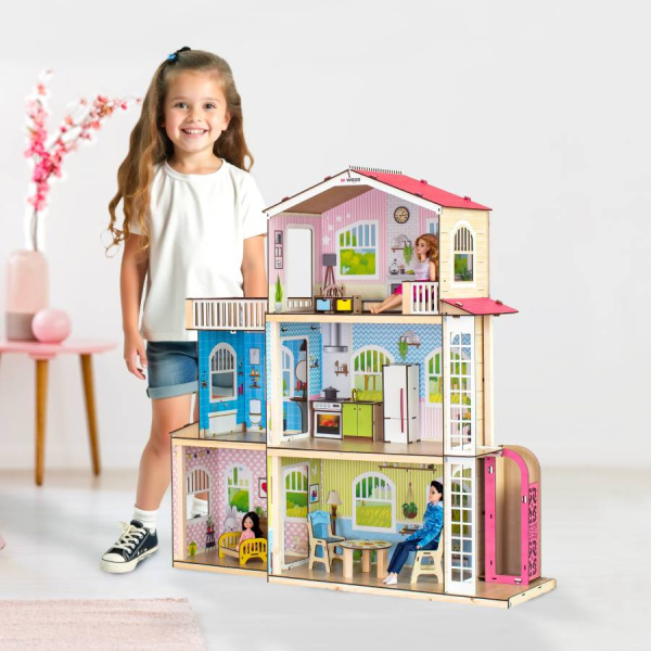 Кукольный домик деревянный трехэтажный Симфония с лифтом и террасой M-WOOD