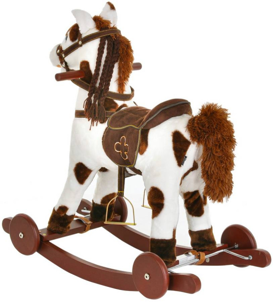 Лошадка-качалка c колесами белая с коричневыми пятнами, со звуком Pituso