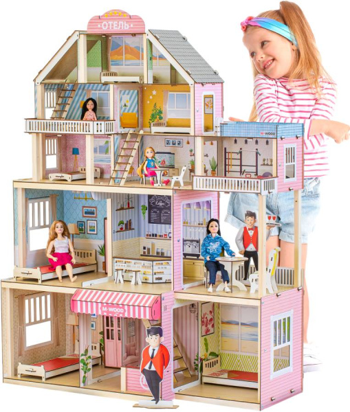 Кукольный домик деревянный трехэтажный Отель с подсветкой M-WOOD