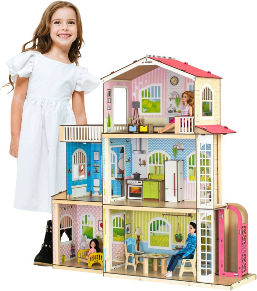 Кукольный домик деревянный трехэтажный Симфония с лифтом и террасой M-WOOD