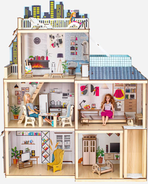Кукольный домик деревянный трехэтажный Стильный лофт с подсветкой M-WOOD