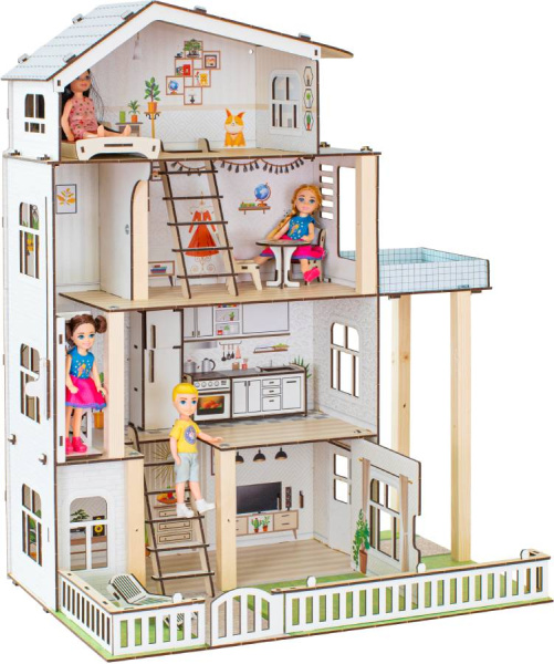 Кукольный домик деревянный четырехэтажный Деревенское подворье с подсветкой M-WOOD