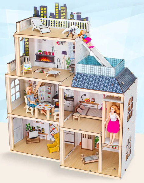 Кукольный домик деревянный трехэтажный Стильный лофт с подсветкой M-WOOD