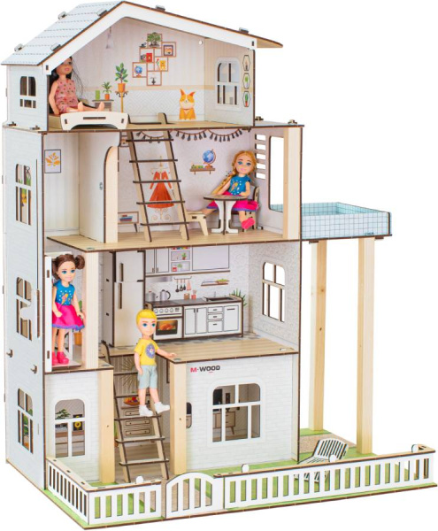 Кукольный домик деревянный четырехэтажный Деревенское подворье с подсветкой M-WOOD