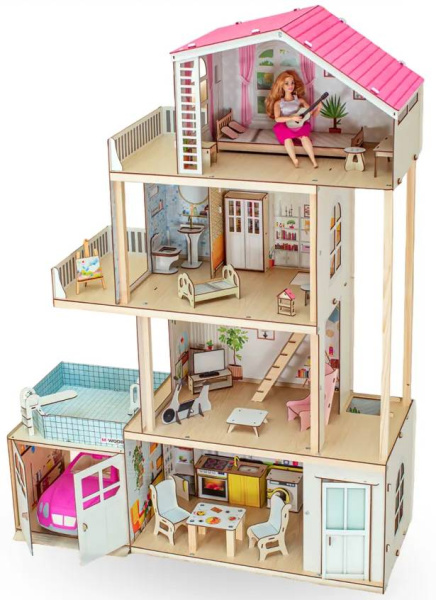 Кукольный домик деревянный трехэтажный Диона с подсветкой M-WOOD