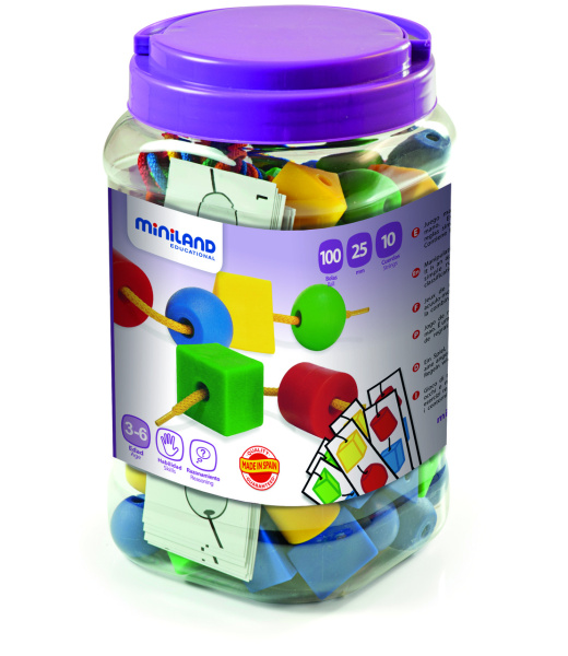 Набор обучающий со шнуровкой шарики Lacing Shapes (100 элементов, 20 мм) в контейнере Miniland
