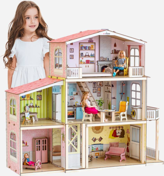 Кукольный домик деревянный трехэтажный Астерия с подсветкой M-WOOD