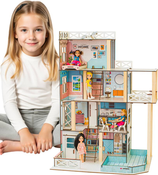 Кукольный домик деревянный четырехэтажный Задорное лето с подсветкой M-WOOD
