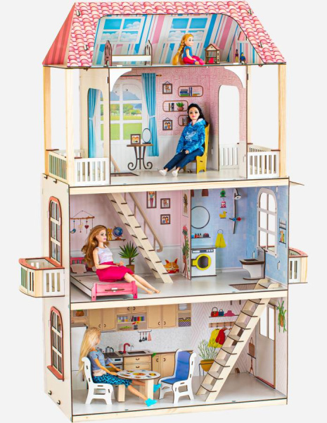 Кукольный домик деревянный трехэтажный Виолетта с подсветкой M-WOOD