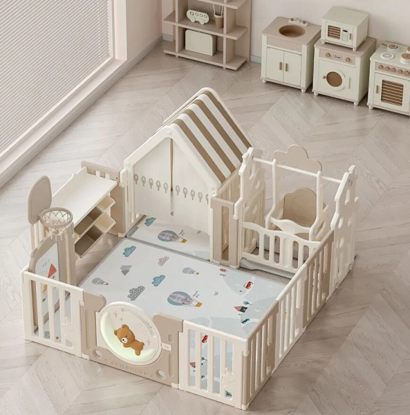 Манеж UNIX Kids DeLuxe House&Storage Camel, 150x180 см с домиком и стеллажом