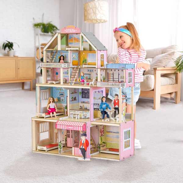 Кукольный домик деревянный трехэтажный Отель с подсветкой M-WOOD