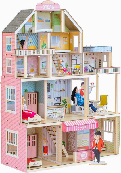 Кукольный домик деревянный трехэтажный Отель с подсветкой M-WOOD