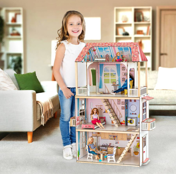 Кукольный домик деревянный трехэтажный Виолетта с подсветкой M-WOOD