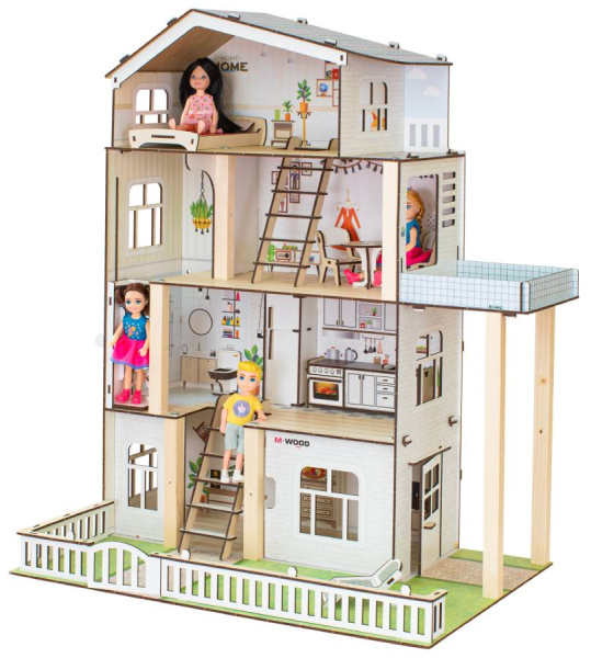 Кукольный домик деревянный четырехэтажный Деревенское подворье с подсветкой M-WOOD