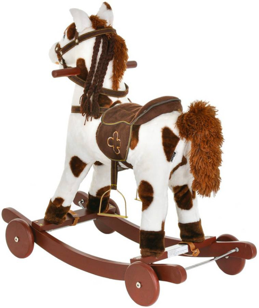 Лошадка-качалка c колесами белая с коричневыми пятнами, со звуком Pituso