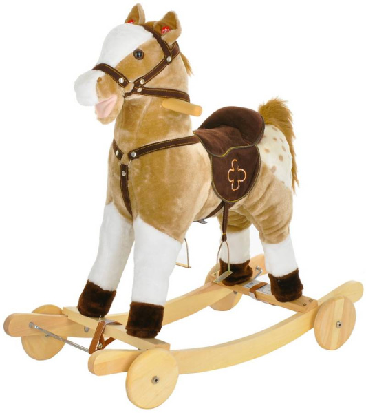 Лошадка-качалка c колесами серо-бежевая с белым, со звуком Pituso
