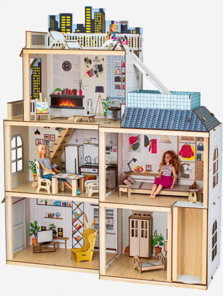 Кукольный домик деревянный трехэтажный Стильный лофт с подсветкой M-WOOD