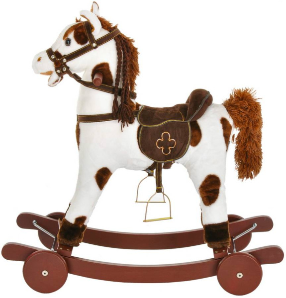 Лошадка-качалка c колесами белая с коричневыми пятнами, со звуком Pituso