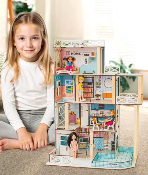 Кукольный домик деревянный четырехэтажный Задорное лето с подсветкой M-WOOD
