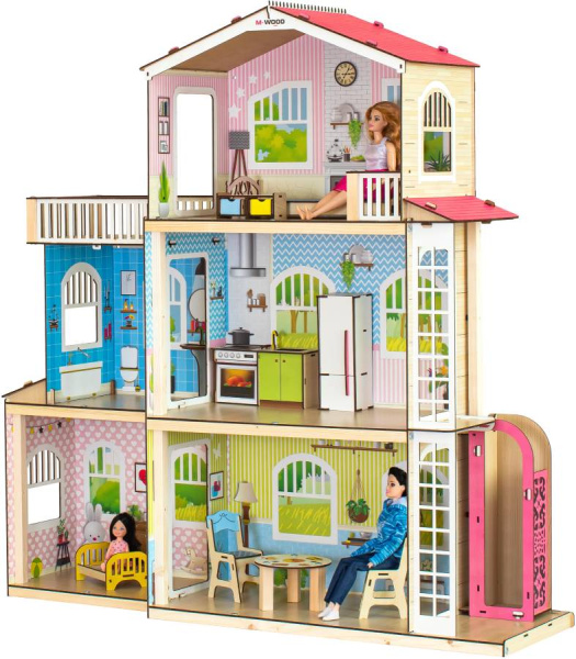 Кукольный домик деревянный трехэтажный Симфония с лифтом и террасой M-WOOD