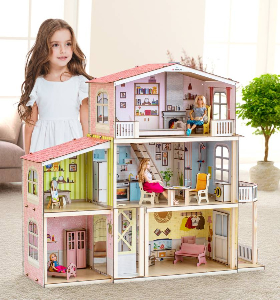 Кукольный домик деревянный трехэтажный Астерия с подсветкой M-WOOD