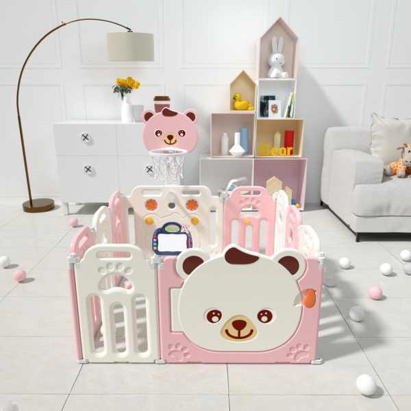 Детский манеж-ограждение Мишка розовый/белый, с баскетбольной стойкой