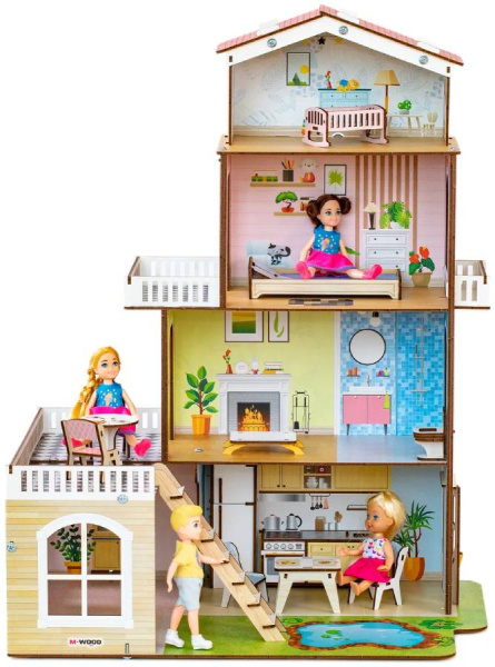 Кукольный домик деревянный четырехэтажный Коттедж с двориком M-WOOD