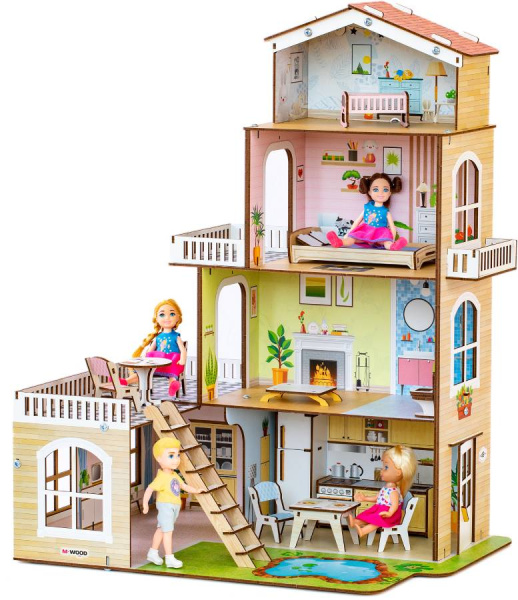 Кукольный домик деревянный четырехэтажный Коттедж с двориком M-WOOD