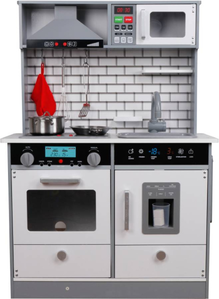 Кухня деревянная игровая Асти Грэй с набором посуды (свет и звук) Lanaland