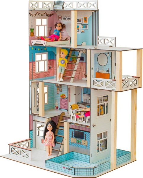 Кукольный домик деревянный четырехэтажный Задорное лето с подсветкой M-WOOD