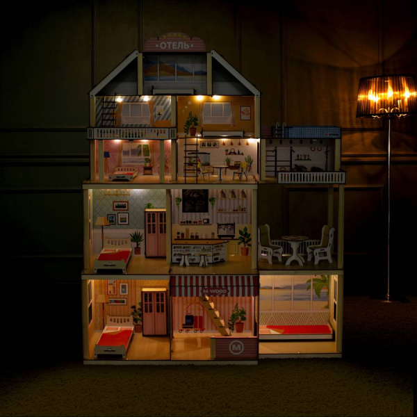 Кукольный домик деревянный трехэтажный Отель с подсветкой M-WOOD